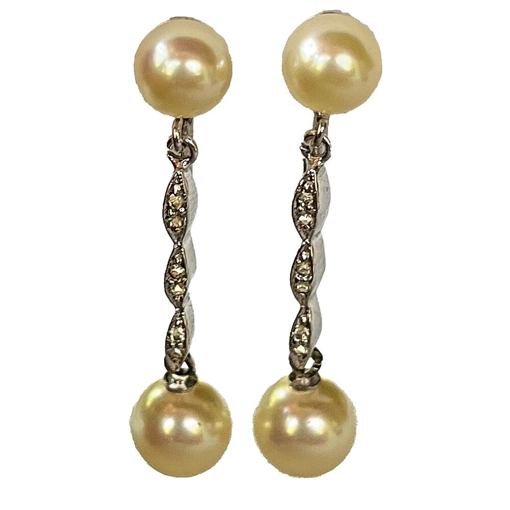Vintage Panetta Faux Pearl Rhinestone Drop Clip Earrings Silver Tone Signed